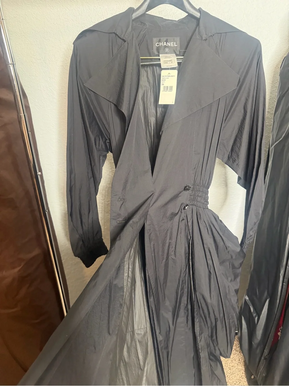 CHANEL Black Long Sleeve Nylon Oversize Trench- Coat Style Dress